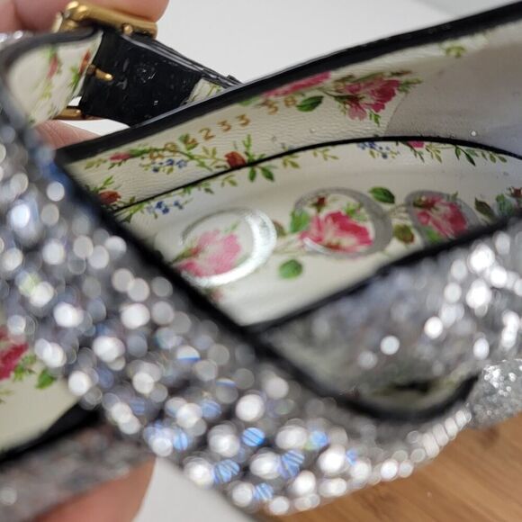 Gucci Calfskin Glitter Slyvie Mary Jane Pumps Argento Women Heels EU 38 US 7.5 - Picture 13 of 13